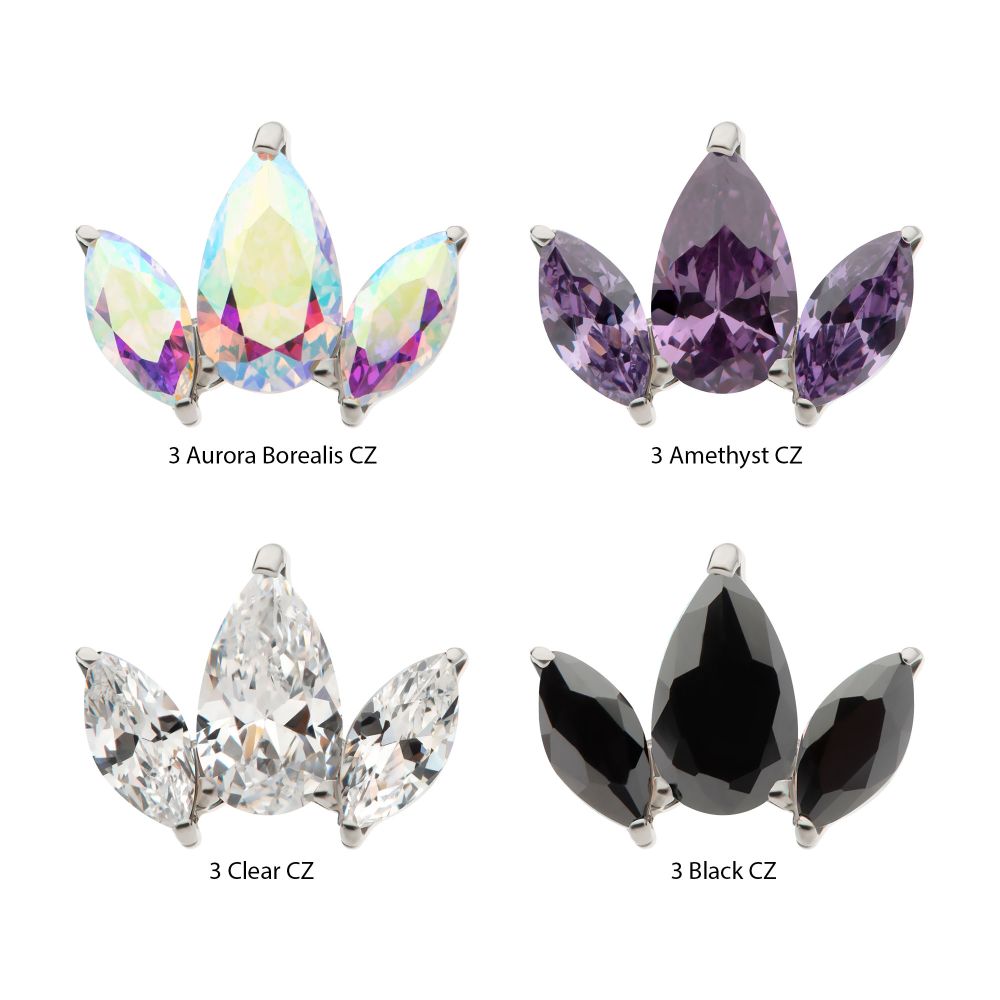 Titanium Threadless 3 Cluster Top with Prong Set Teardrop & Marquise CZ