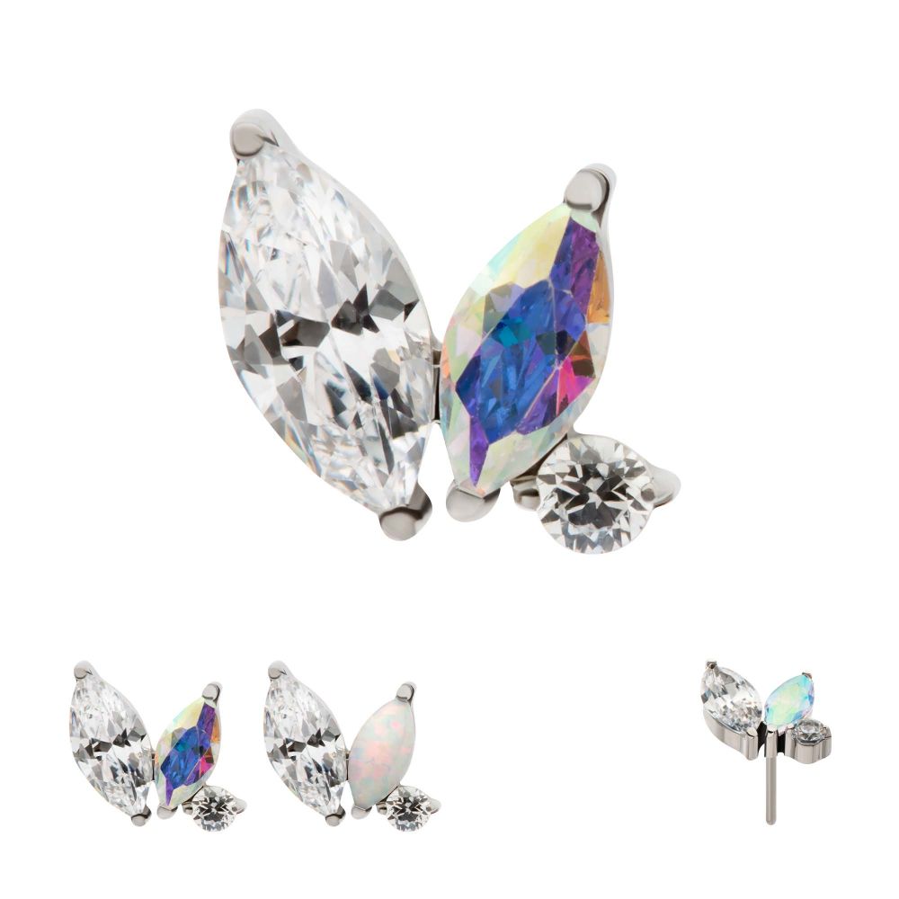 Titanium Threadless Prong Set Marquise & Round CZ/Opal  Staggered 3 Cluster Top