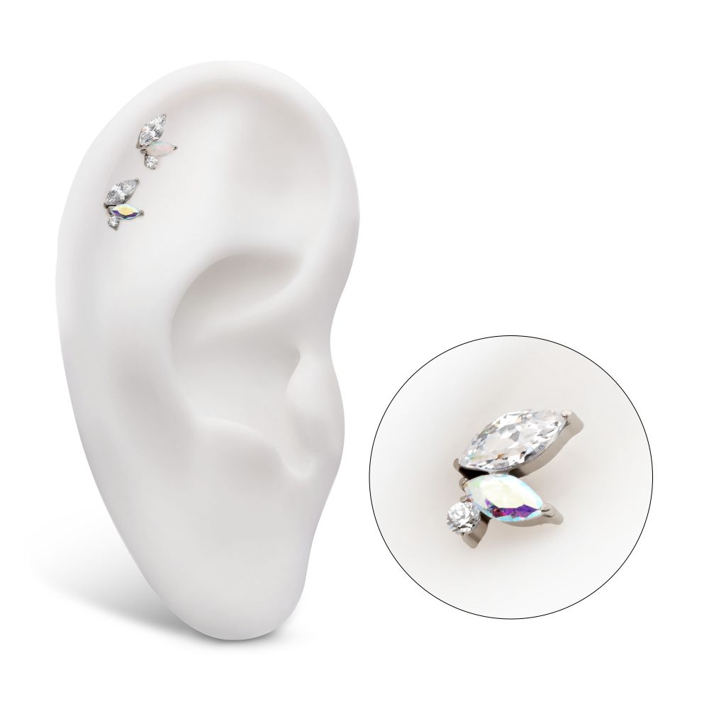 Titanium Threadless Prong Set Marquise & Round CZ/Opal  Staggered 3 Cluster Top