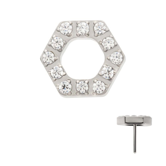 Titanium Threadless Pave Set Round CZ Gem Hexagon Top