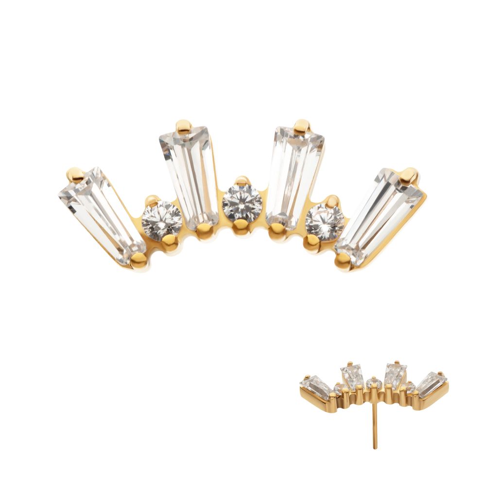 24Kt Gold PVD Titanium Threadless Prong Set Baguette & Round CZ 7-Cluster Top