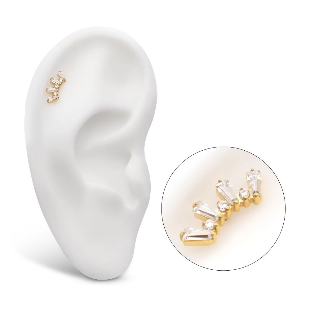 24Kt Gold PVD Titanium Threadless Prong Set Baguette & Round CZ 7-Cluster Top