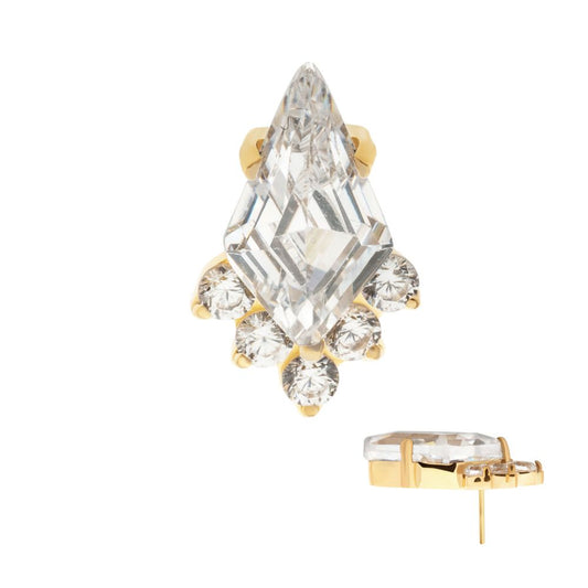 24Kt Gold PVD Titanium Threadless Prong Set Kite Shape CZ Top with 5-Cluster Round CZ