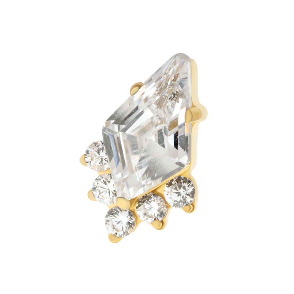 24Kt Gold PVD Titanium Threadless Prong Set Kite Shape CZ Top with 5-Cluster Round CZ