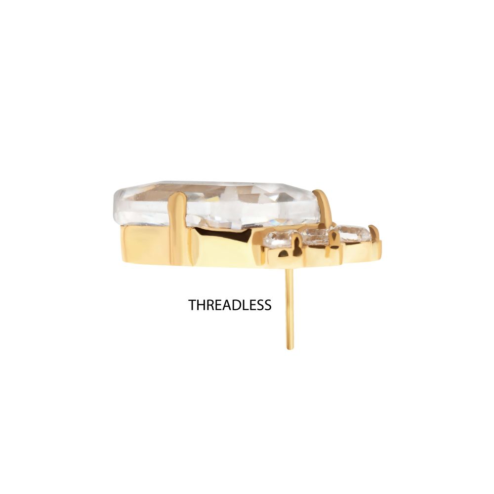 24Kt Gold PVD Titanium Threadless Prong Set Kite Shape CZ Top with 5-Cluster Round CZ