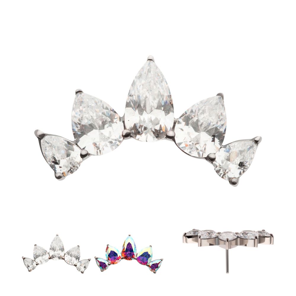 Titanium Threadless Prong Set Teardrop CZ 5-Cluster Fan Shape Top