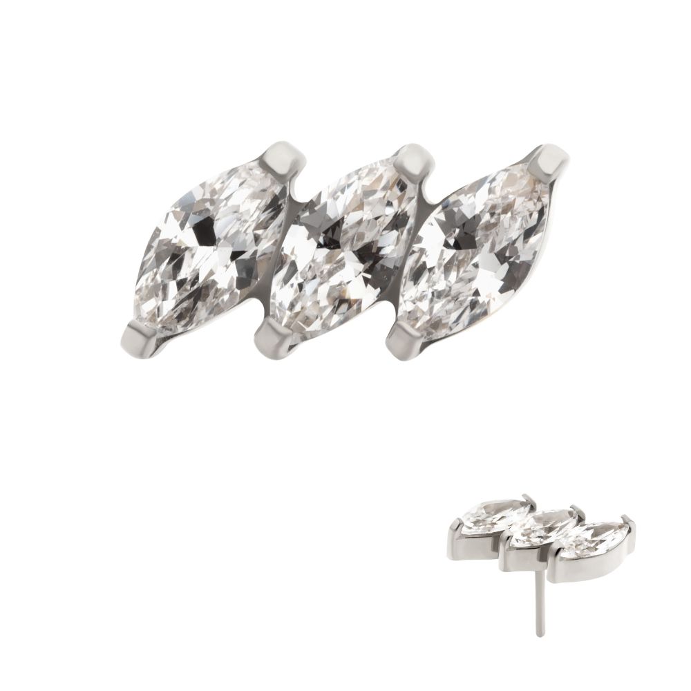 Titanium Threadless Prong Set Marquise CZ Diagonal 3-Cluster Top