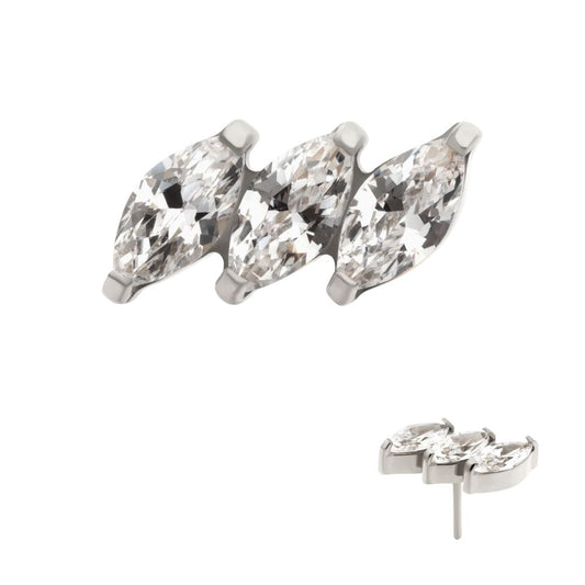 Titanium Threadless Prong Set Marquise CZ Diagonal 3-Cluster Top