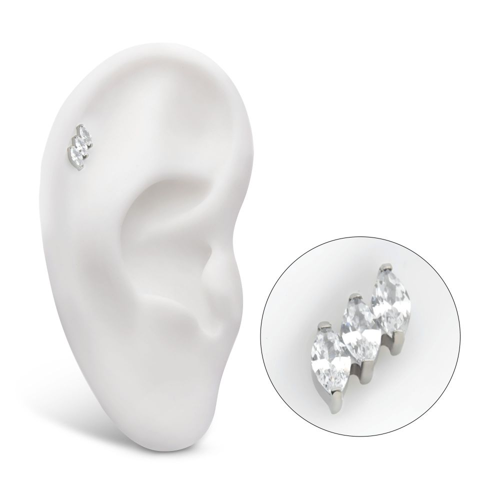Titanium Threadless Prong Set Marquise CZ Diagonal 3-Cluster Top