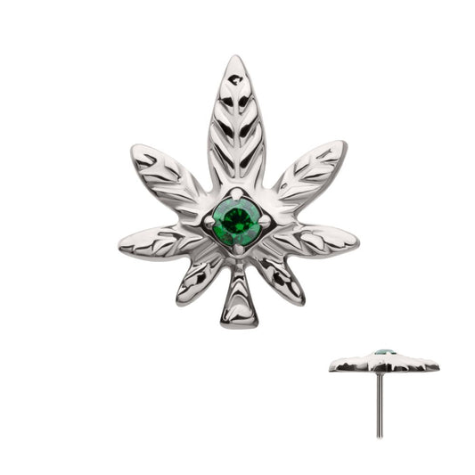 Titanium Threadless Prong Set Emerald Green Gem Pot Leaf Top