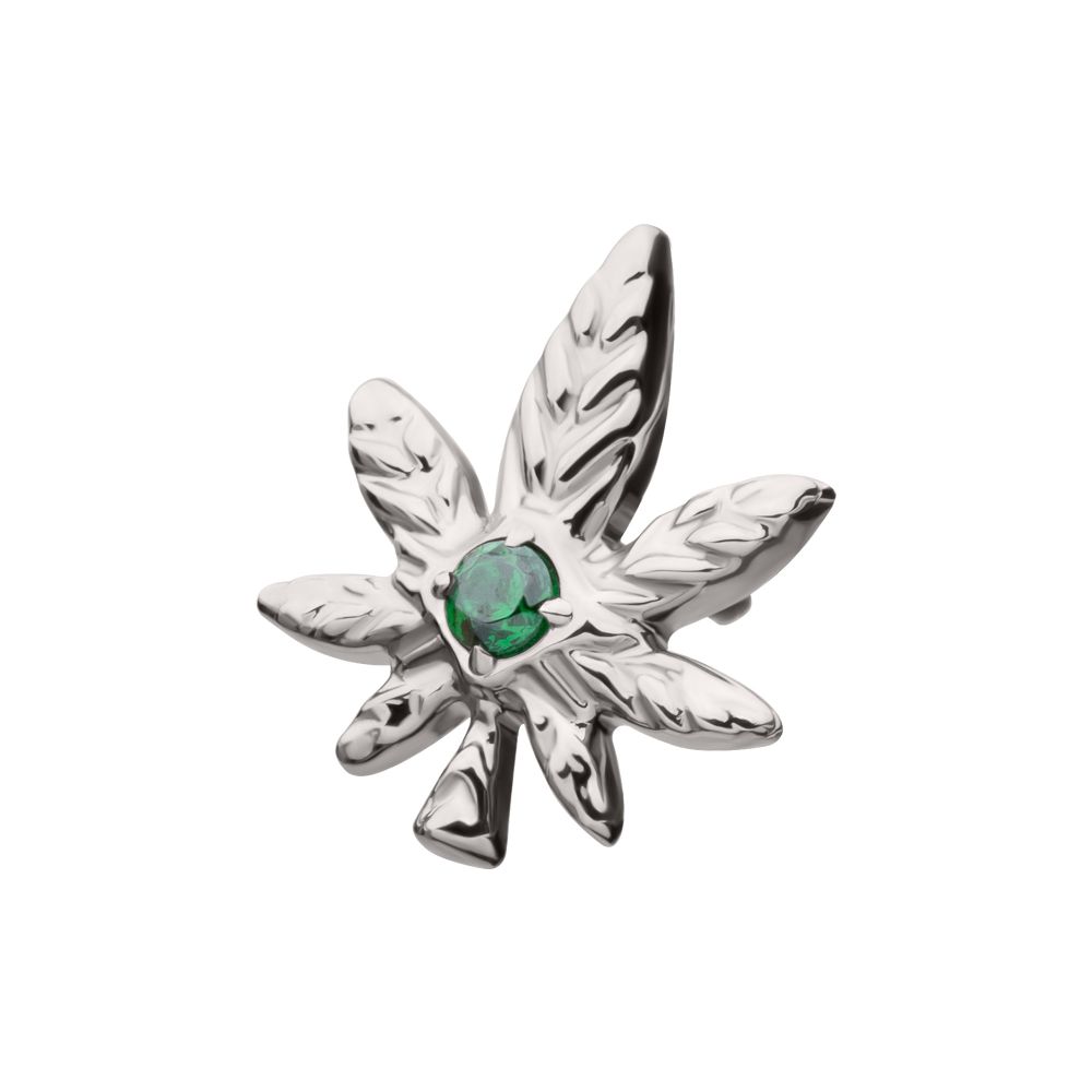 Titanium Threadless Prong Set Emerald Green Gem Pot Leaf Top