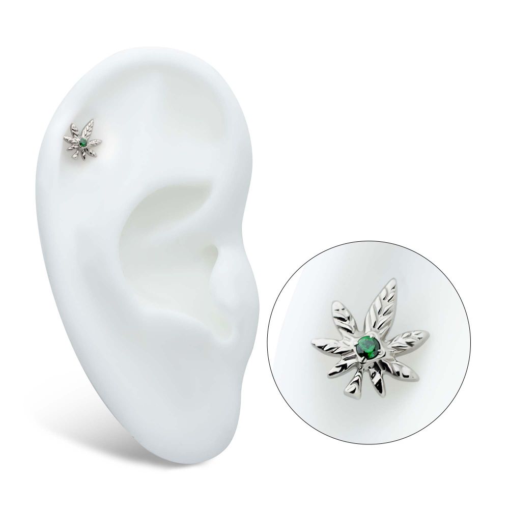Titanium Threadless Prong Set Emerald Green Gem Pot Leaf Top