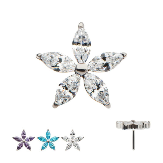 Titanium Threadless Pronged Marquise CZ 5-Petal Flower Top