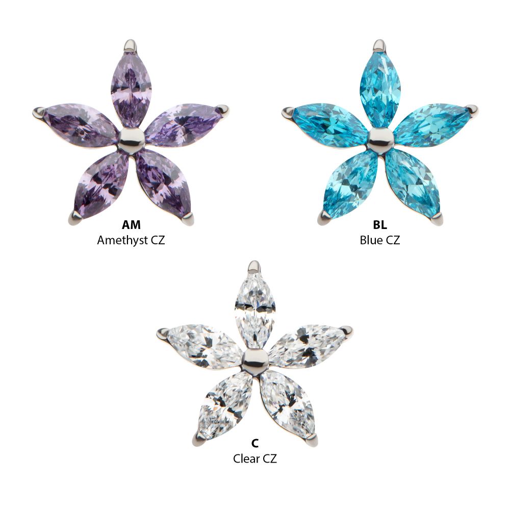 Titanium Threadless Pronged Marquise CZ 5-Petal Flower Top