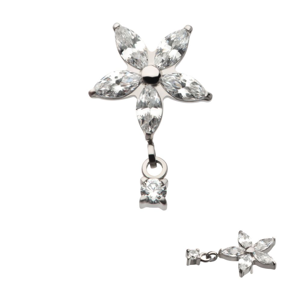 Titanium Threadless 5 Marquise CZ Flower Shape Top with Dangle Prong Set Round CZ
