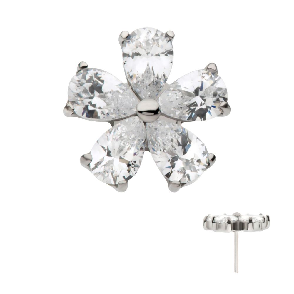 Titanium Threadless Prong Set CZ Gem 5-Petal Flower Top