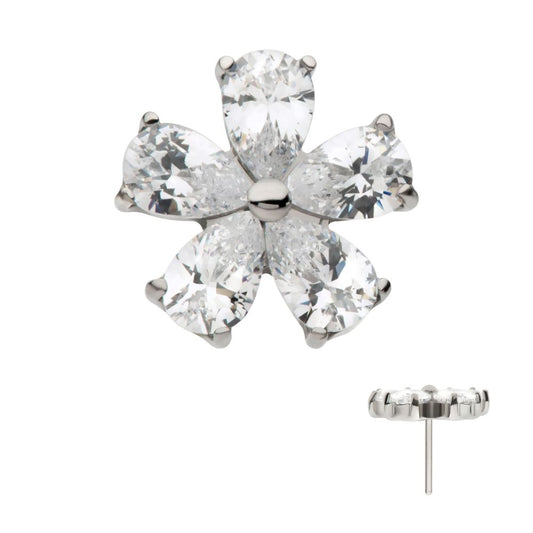 Titanium Threadless Prong Set CZ Gem 5-Petal Flower Top