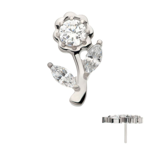 Titanium Threadless Prong Set Round & Marquise CZ Gem Rose Flower Top