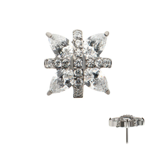 Titanium Threadless Paved CZ Cross with Pronged Marquise CZ Flower Top