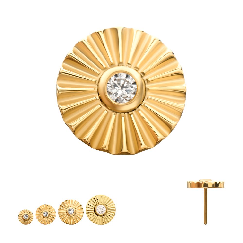 24Kt Gold PVD Titanium Threadless Radiant Corrugated Round with Bezel Gem Top