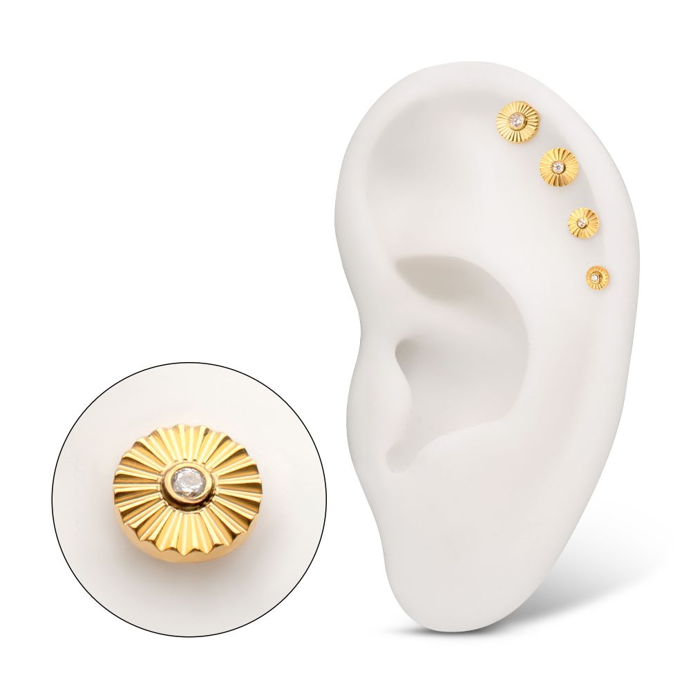 24Kt Gold PVD Titanium Threadless Radiant Corrugated Round with Bezel Gem Top