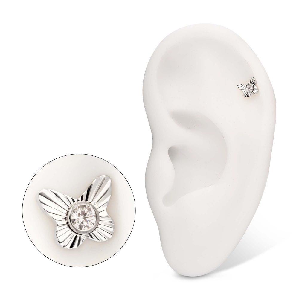 Titanium Threadless Corrugated Butterfly with Bezel Gem Top