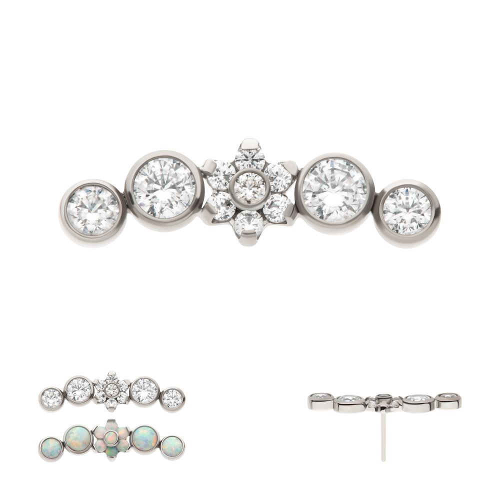 Titanium Threadless Prong Set Flower with Bezel Set Round CZ/Opal Cluster Top