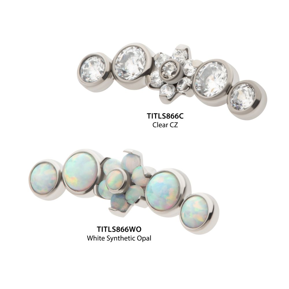 Titanium Threadless Prong Set Flower with Bezel Set Round CZ/Opal Cluster Top