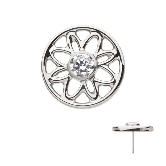 Titanium Threadless Bezel Set Gem Flower Mandala Top