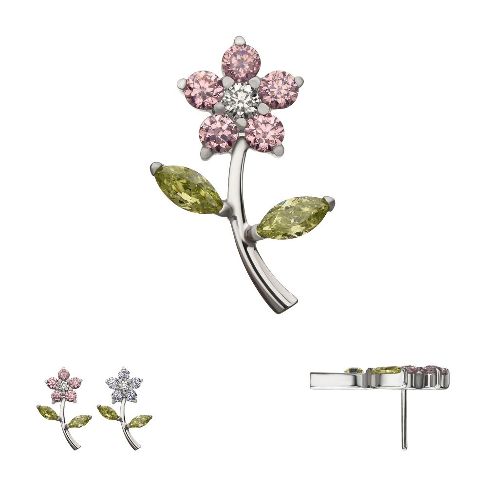 Titanium Threadless Prong Set Multi-Gem Flower & Stem Top