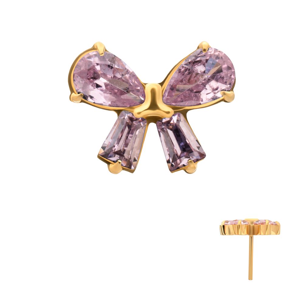 24Kt Gold PVD Titanium Threadless Bow Top with Prong Set Marquise & Baguette Gem