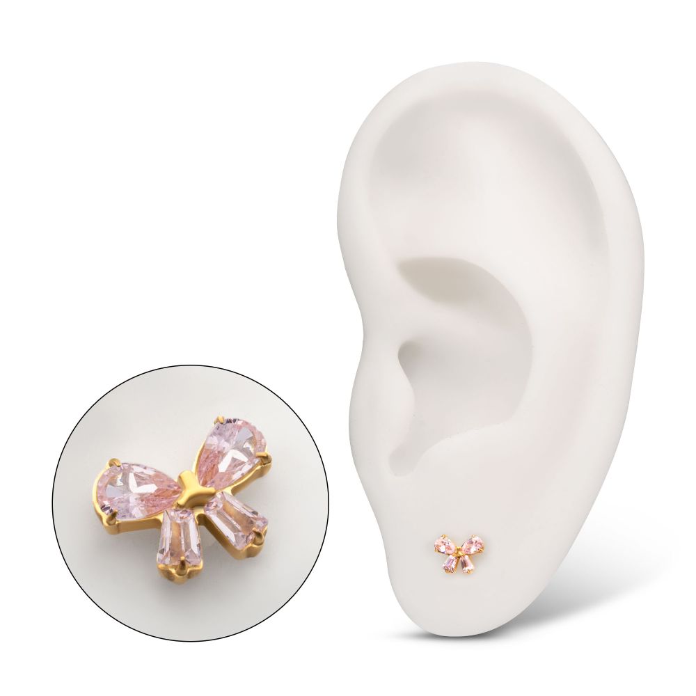 24Kt Gold PVD Titanium Threadless Bow Top with Prong Set Marquise & Baguette Gem