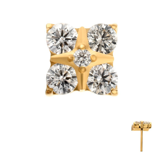 24Kt Gold PVD Titanium Threadless Square Shape Top with Prong Set 5-Gem Cluster