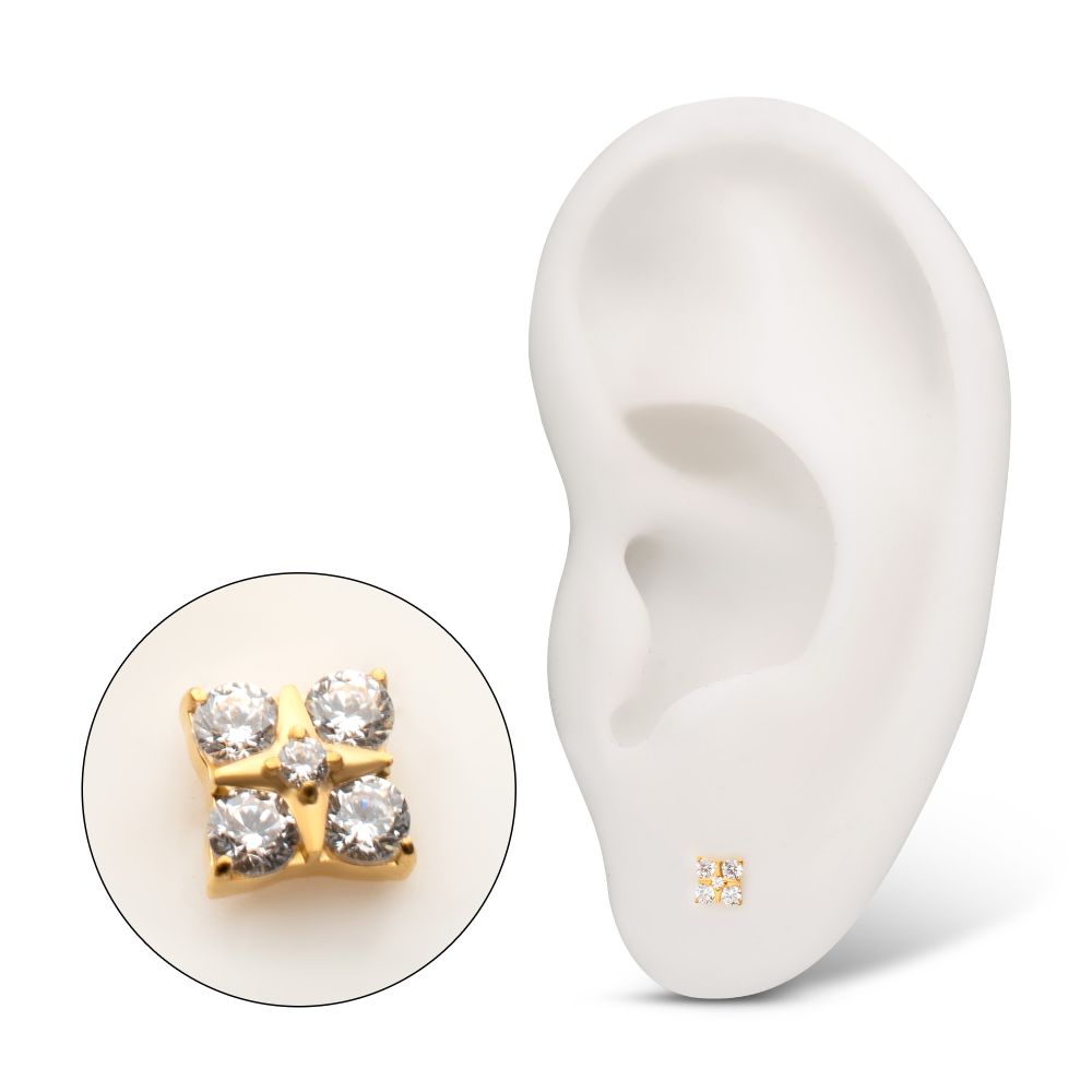 24Kt Gold PVD Titanium Threadless Square Shape Top with Prong Set 5-Gem Cluster