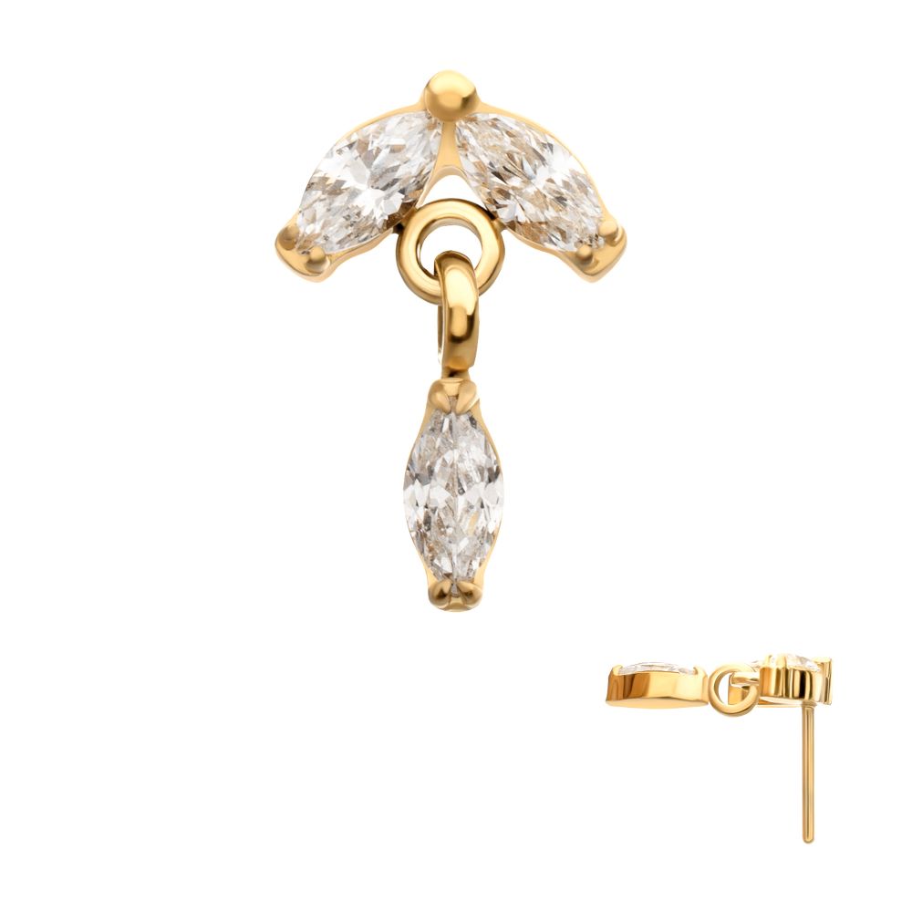 24KT Gold PVD Titanium Threadless Twin Marquise Gem Top with Marquise Dangle