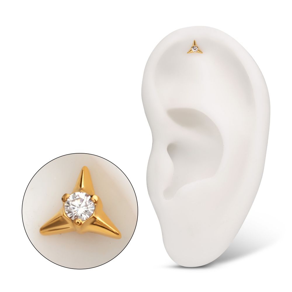 24KT Gold PVD Titanium Threadless Triangle Shape Top with Prong Set Gem