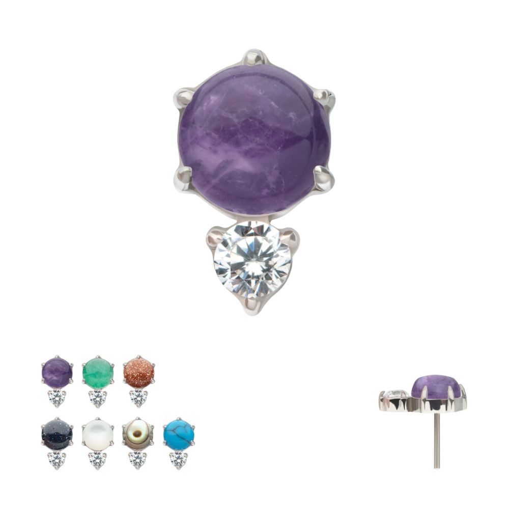 Threadless Prong Set Double Round Gem and Natural Stone Top