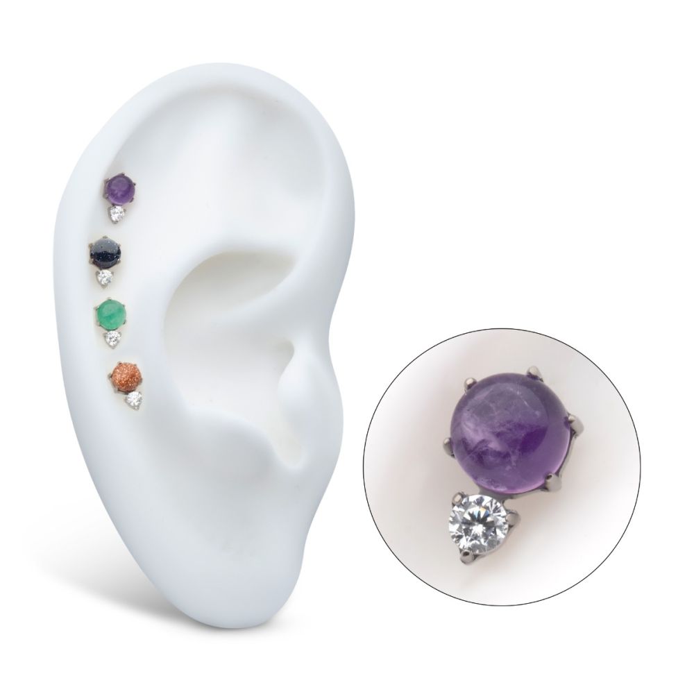 Threadless Prong Set Double Round Gem and Natural Stone Top