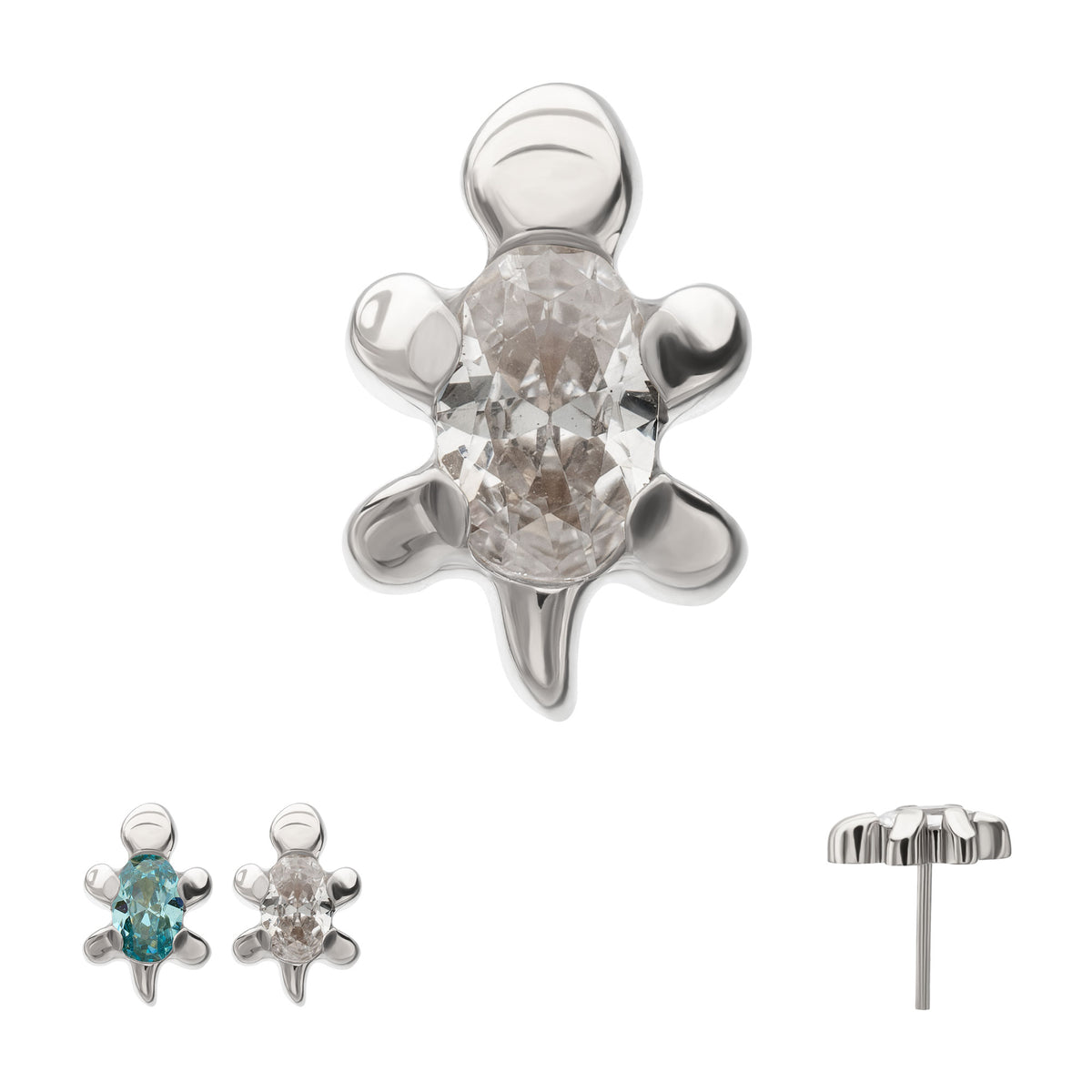 Titanium Threadless Low Profile 3D Sea Turtle Top with Prong Set Oval Gem