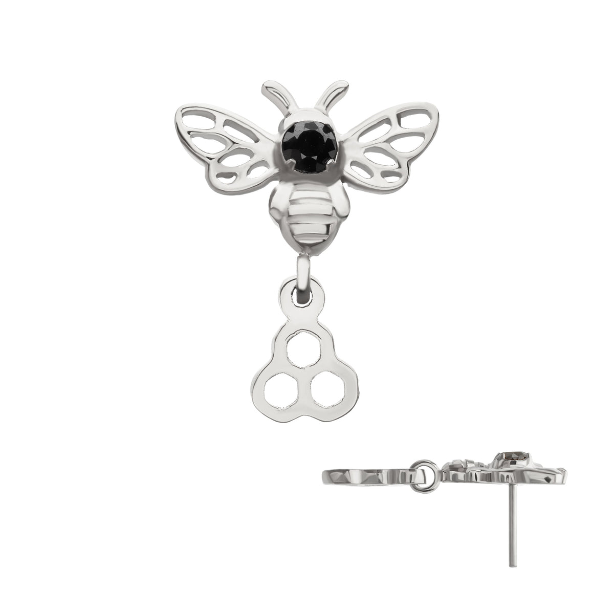Titanium Threadless Prong Set Black Gem Bee Top with Honeycomb Dangle