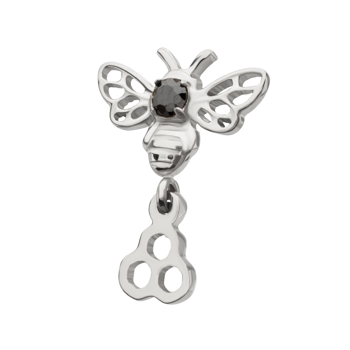 Titanium Threadless Prong Set Black Gem Bee Top with Honeycomb Dangle