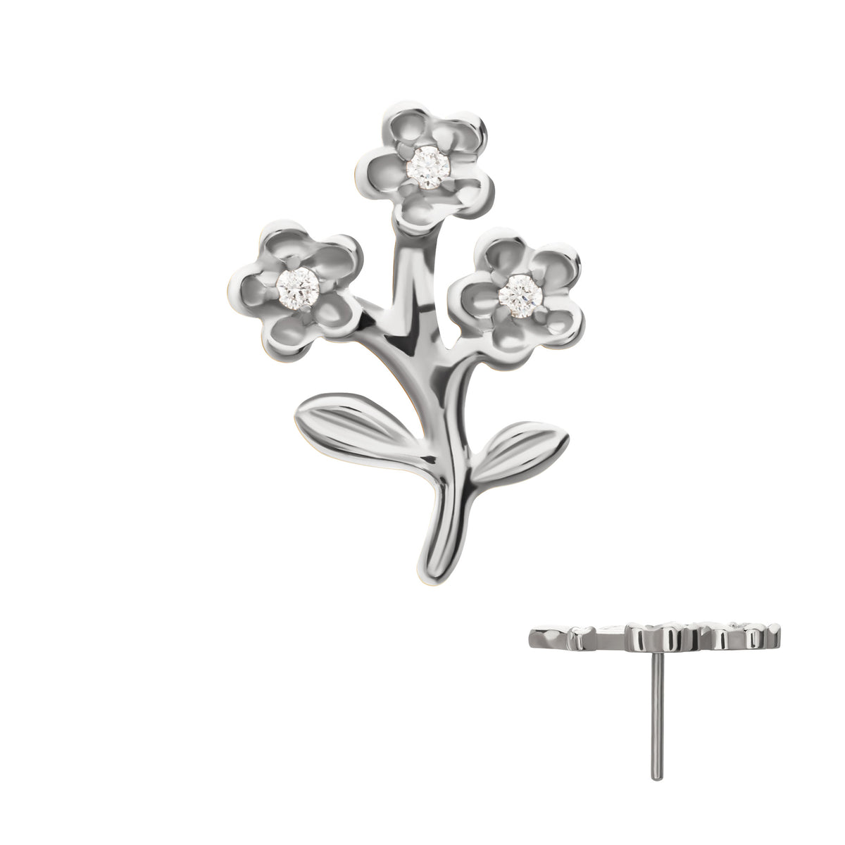Titanium Threadless Prong Set Gem Triple Flower & Stem Top