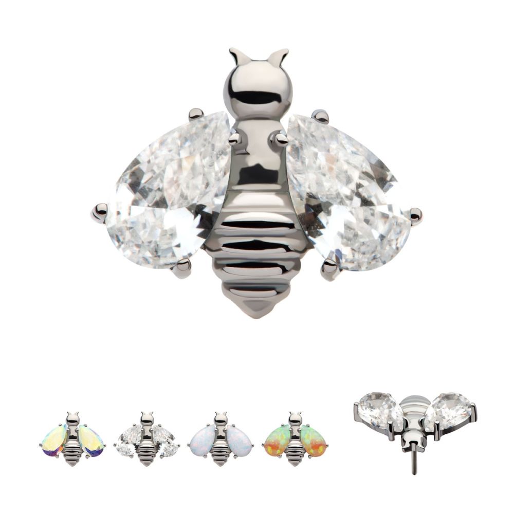 Titanium Threadless Bee with Prong Set Teardrop Shape CZ/Opal Wings Top