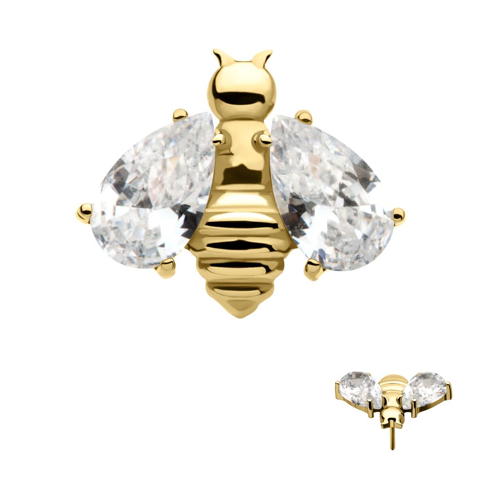 24Kt Gold PVD Titanium Threadless Bee with Prong Set Teardrop Shape CZ Wings Top