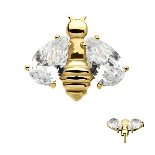 24Kt Gold PVD Titanium Threadless Bee with Prong Set Teardrop Shape CZ Wings Top