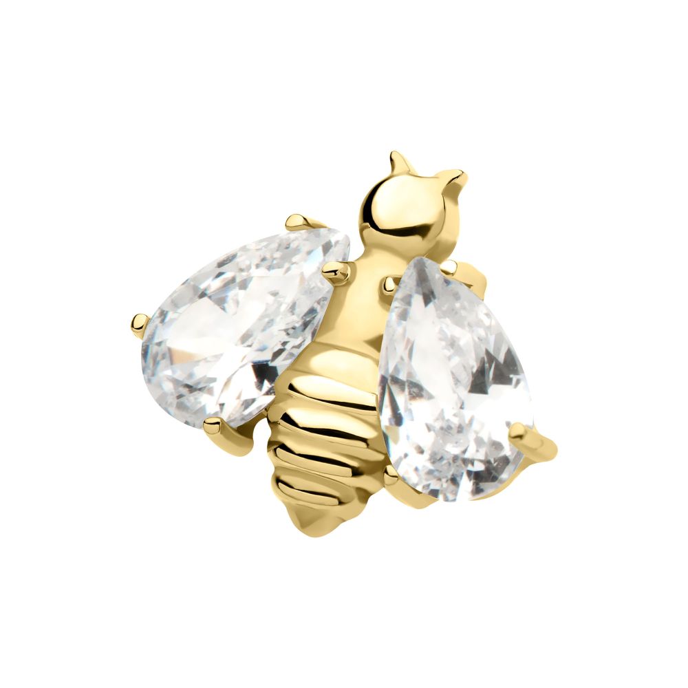 24Kt Gold PVD Titanium Threadless Bee with Prong Set Teardrop Shape CZ Wings Top