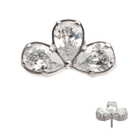 Titanium Threadless Fan Shape Top with 3 Cluster Prong Set Teardrop CZ
