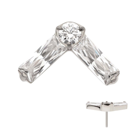Titanium Threadless Prong Set Baguette & Round CZ Chevron Shape Top