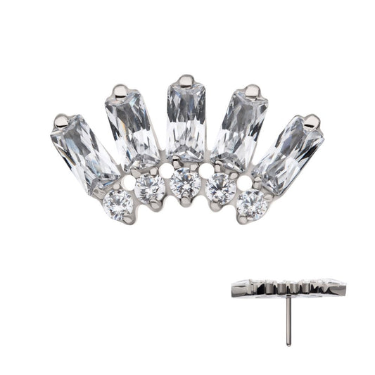 Titanium Threadless Prong Set Baguette & Round Gem Fan Shape 5-Cluster Top