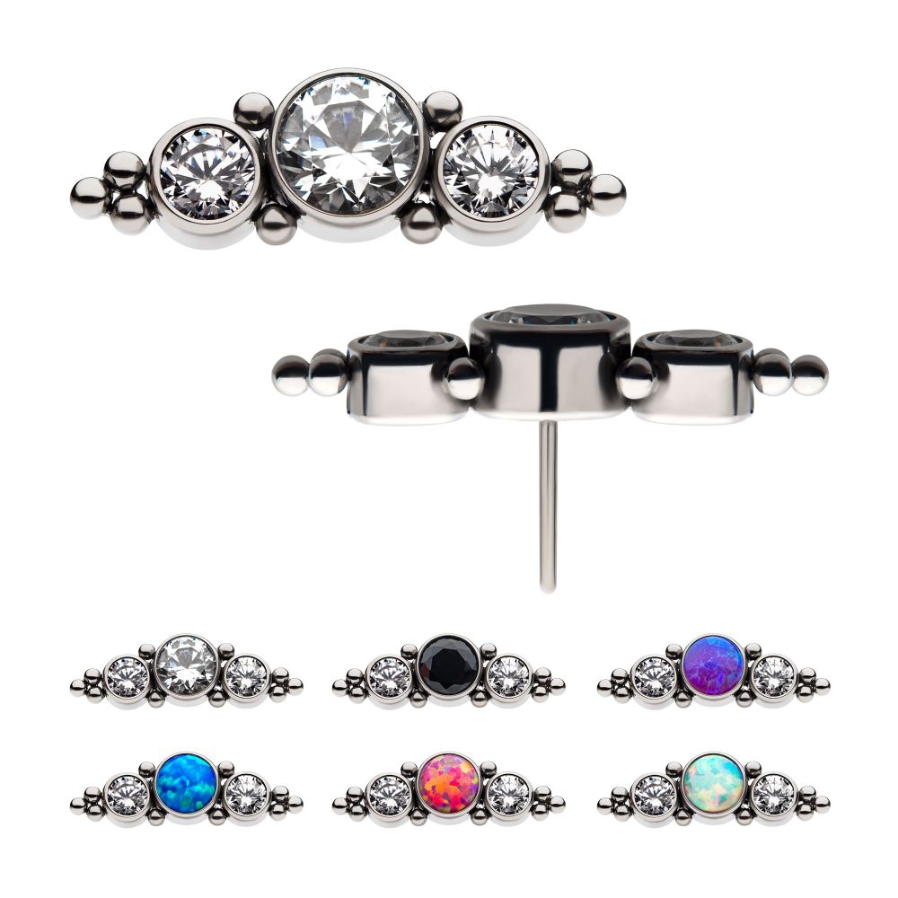 Titanium Threadless 3-Bezel Set Synthetic Opal/AAA Gem/Swarovski Zirconia & Beads Cluster Top